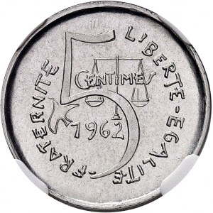 Ve République (1958 à nos jours). Épreuve de 5 centimes, deuxième projet de R. Joly, petit module 1962, Paris.