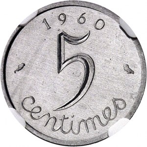 Ve République (1958 à nos jours). Présérie de 5 centimes Épi en acier, listels larges et petit module 1960, Paris.
