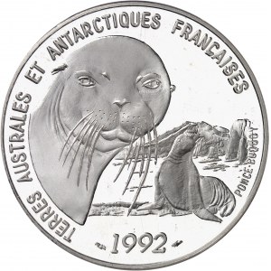 Terres Australes et Antarctiques Françaises. Piéfort de 100 francs Dumont d’Urville en argent, Flan bruni (PROOF) 1992, Pessac.