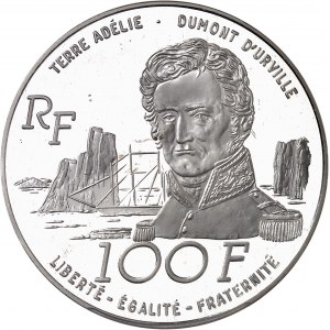 Terres Australes et Antarctiques Françaises. Piéfort de 100 francs Dumont d’Urville en argent, Flan bruni (PROOF) 1992, Pessac.