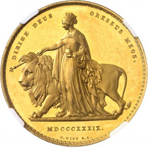 Victoria (1837-1901). 5 livres (5 pounds) “Una and the lion”, Flan bruni (PROOF) 1839, Londres.