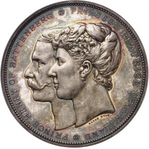 Victoria (1837-1901). Médaille, mariage d’Henri de Battenberg et de Béatrice du Royaume-Uni, par Allan Wyon 1885, Londres.