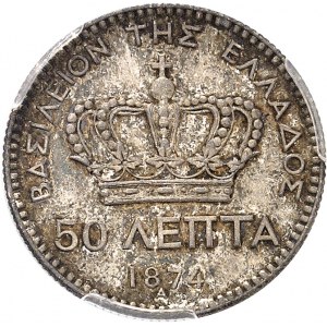 Georges Ier, Roi des Hellènes (1863-1913). 50 lepta 1874, A, Paris.