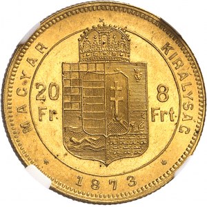 François-Joseph Ier (1848-1916). 20 francs / 8 forint, tête jeune 1873, KB, Kremnitz.