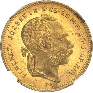 François-Joseph Ier (1848-1916). 20 francs / 8 forint, tête jeune 1876, KB, Kremnitz.