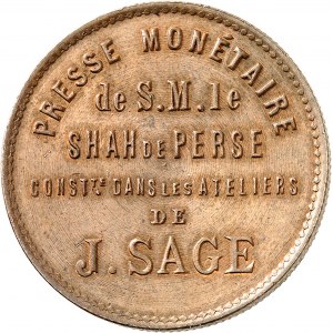 Nassereddine Chah (1848-1896). Essai au module de 5 francs de la presse de S. M. le Shah, construite dans les ateliers J. Sage 1879, Lyon.