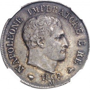 Milan, royaume d’Italie, Napoléon Ier (1805-1814). 2 lire, tranche en relief 1807, M, Milan.
