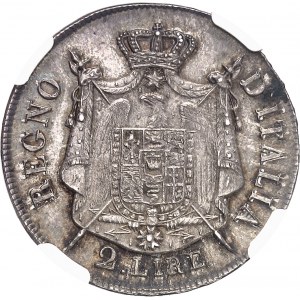 Milan, royaume d’Italie, Napoléon Ier (1805-1814). 2 lire, tranche en relief 1807, M, Milan.