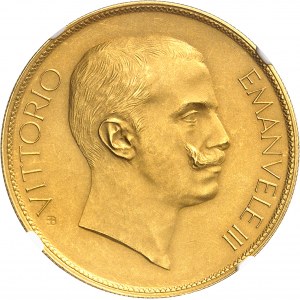 Victor-Emmanuel III (1900-1946). Essai de 100 lire en Or avec Minerve et l’Agriculture par S. Johnson, Flan bruni mat (PROOF) 1903, Milan (Johnson).