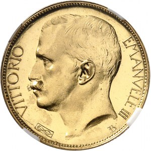 Victor-Emmanuel III (1900-1946). Essai de 20 lire en Or à l’abeille par S. Johnson, Flan bruni (PROOF) 1906, Milan (Johnson).