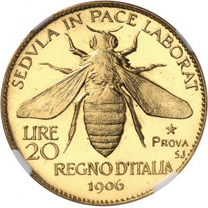 Victor-Emmanuel III (1900-1946). Essai de 20 lire en Or à l’abeille par S. Johnson, Flan bruni (PROOF) 1906, Milan (Johnson).