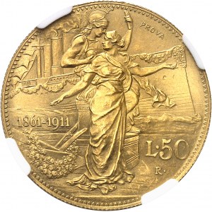 Victor-Emmanuel III (1900-1946). Essai de 50 lire Or, cinquantenaire du royaume, PROVA en écriture circulaire 1911, R, Rome.