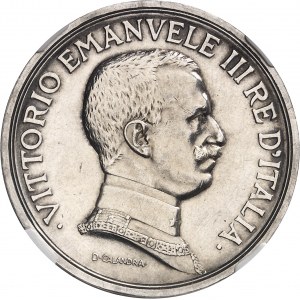 Victor-Emmanuel III (1900-1946). Épreuve de frappe de 5 lire au quadrige par D. Calandra 1914, R, Rome.
