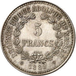 Adolphe de Nassau, régent (1889-1890). Essai de 5 francs, Flan bruni (PROOF) 1889, Bruxelles.