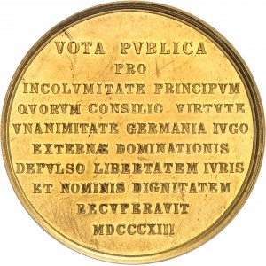 Alexandre Ier (1801-1825). Médaille d’Or au poids de 10 ducats, création de l’Alliance contre la France, par J. Lang 1813.