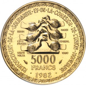 États de l’Afrique de l’ouest (West african states). 5000 francs Or 1982, Paris.