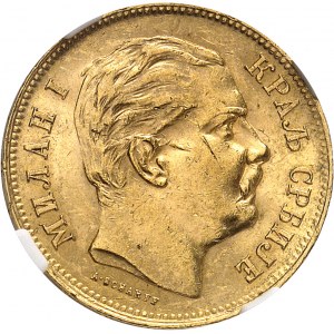 Milan Ier (1882-1889). 20 dinara, 1er type avec légende en relief DIEU PROTEGE SERBIE 1882, V, Vienne.