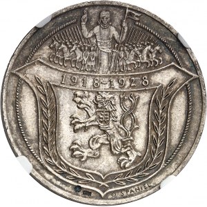 Première république tchécoslovaque (1918-1938). Médaille monétiforme au module de 5 dukatu en argent, 10e anniversaire de la République, par O. Spaniel 1928, Kremnitz.