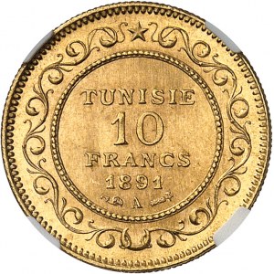 Ali, Bey (1882-1902). 10 francs Or 1891 - AH 1308, A, Paris.