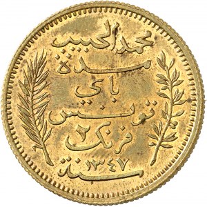 Mohamed el-Habib, Bey (1922-1929). Épreuve de 2 francs en laiton, frappe médaille 1928 - AH 1347, A, Paris.