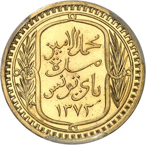 Mohamed Lamine, Bey (1943-1957). Module de 100 francs, aspect Flan bruni (PROOFLIKE) 1952 - AH 1372, Paris.