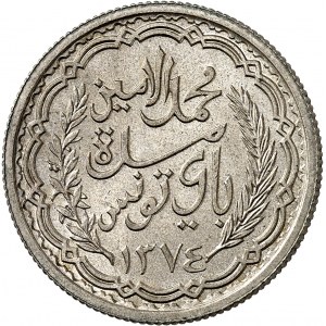 Mohamed Lamine, Bey (1943-1957). Module de 10 francs 1954 - AH 1374, Paris.