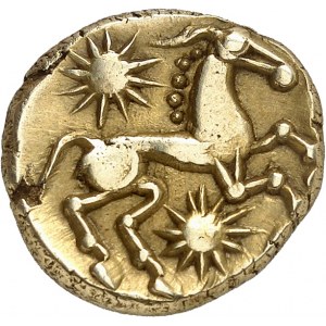 Bellovaques. Statčre d’or ŕ l’astre et au cheval ŕ droite ND (50-30 av. J.-C.).