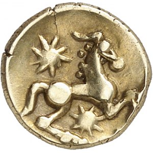 Bellovaques. Quart de statčre d’or ŕ l’astre et au cheval ŕ droite ND (50-30 av. J.-C.).