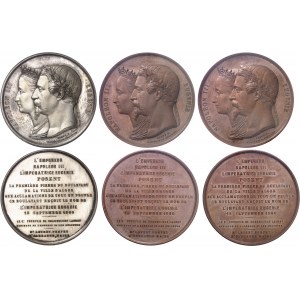 Second Empire / Napoléon III (1852-1870). Coffret de 3 médailles, pose de la premičre pierre du Boulevard de l’Impératrice Eugénie ŕ Alger, par Caqué 1860, Paris.