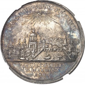 Confédération du Rhin, Charles-Théodore de Dalberg (1806-1813). Médaille, hommage de la ville de Francfort au Prince-Primat Charles-Théodore de Dalberg, par J. C. Reich 1807, Francfort-sur-le-Main.