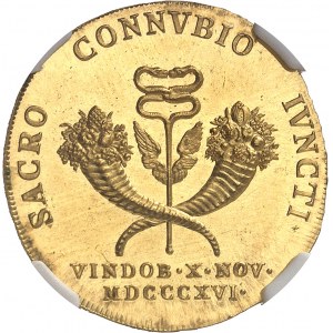 François II (1792-1835). Médaille d’Or au module de 3 ducats, mariage de l’Empereur François Ier avec Charlotte Augusta de Bavičre, d’aspect Flan bruni (PROOFLIKE) 1816, Vienne.