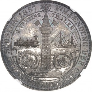François-Joseph Ier (1848-1916). Double thaler, ouverture de la ligne de chemin de fer de Vienne ŕ Trieste, Flan bruni (PROOF) 1857, Vienne.