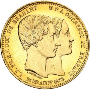 Léopold Ier (1831-1865). Module de 100 francs en Or, mariage du duc et de la duchesse de Brabant, Flan bruni (PROOF) 1853, Bruxelles.