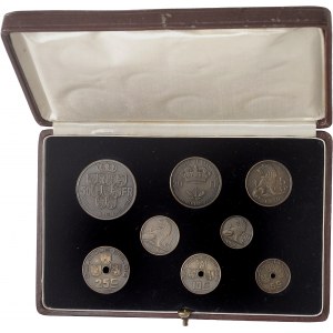 Léopold III (1934-1951). Coffret de 8 essais de 50, 20, 5 et 1 francs et de 50, 25, 10 et 5 centimes en bronze, flans mats 1935-1939, Bruxelles.