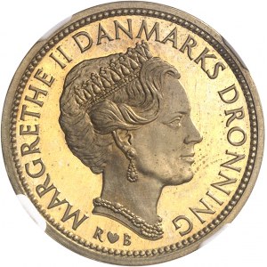 Margrethe II (1972 ŕ nos jours). Essai en bronze-aluminium de 20 kroner, 2e légende, Flan bruni (PROOF) 1983, Copenhague.