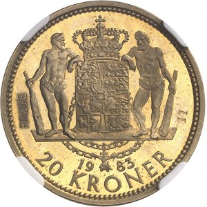 Margrethe II (1972 ŕ nos jours). Essai en bronze-aluminium de 20 kroner, 2e légende, Flan bruni (PROOF) 1983, Copenhague.
