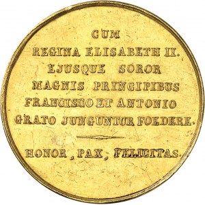 Isabelle II (1833-1868). Médaille d’Or, félicitations de Barcelone pour les mariages d’Isabelle II et de sa sśur, l’infante Louise Fernande, avec les princes François d’Assise de Bourbon et Antoine d’Orléans 1846, Barcelone.