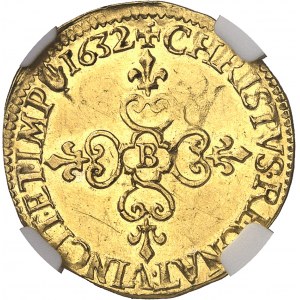 Louis XIII (1610-1643). Écu d’or au soleil, 1er type 1632, B, Rouen.
