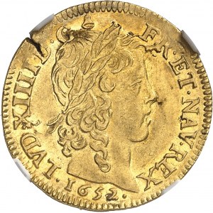 Louis XIV (1643-1715). Louis d’or ŕ la mčche longue 1652, X, Amiens.