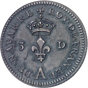 Louis XIV (1643-1715). Piéfort quadruple du liard ou pičce de 3 deniers 1643 (frappe postérieure), A, Paris.