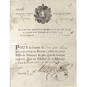 Louis XIV (1643-1715). Billet de monnoye de 200 livres 31 juillet 1709.