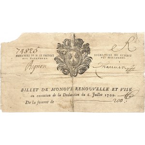 Louis XIV (1643-1715). Billet de monnoye de 200 livres 20 novembre 1709.