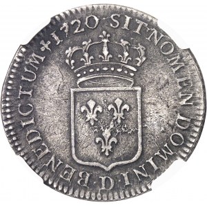 Louis XV (1715-1774). Tiers d’écu de France hybride, avec le poinçon d’effigie du petit louis d’argent, réformation 1720, D, Lyon.