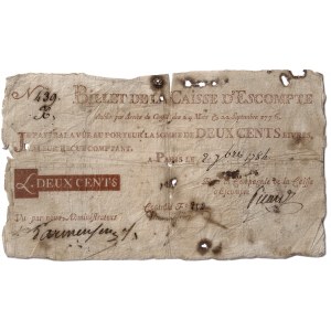 Louis XVI (1774-1792). Billet au porteur de deux cent livres de la Caisse d’escompte 2 septembre 1784.