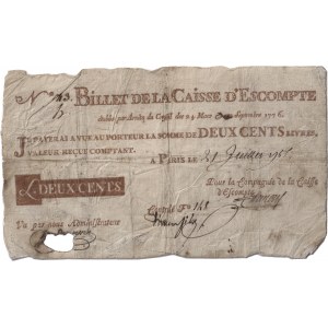 Louis XVI (1774-1792). Billet au porteur de deux cent livres de la Caisse d’escompte 21 juillet 1785.