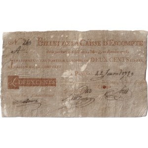 Louis XVI (1774-1792). Billet au porteur de deux cent livres de la Caisse d’escompte 22 janvier 1789.