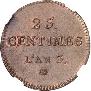 Convention (1792-1795). Essai de 25 centimes Dupré An 3 (1794-1795), Paris.