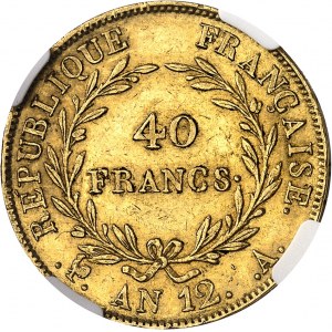 Consulat (1799-1804). 40 francs Bonaparte, Premier Consul, grčnetis fin avec olive An 12, A, Paris.