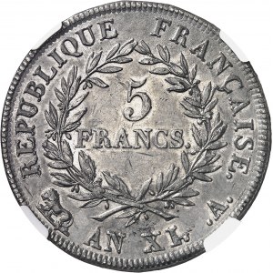 Consulat (1799-1804). Essai de 5 francs, concours de l’An XI, par Galle An XI (1803), Paris.