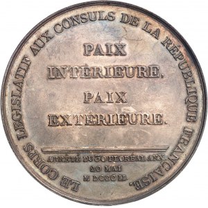 Consulat (1799-1804). Médaille, promulgation du Traité d’Amiens, par Jeuffroy An X - 1802, Paris.